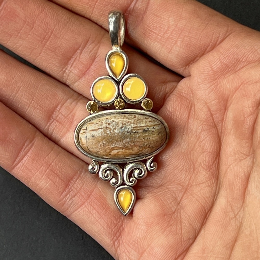 Picture Jasper Pendant Yellow Cabochons Silver Tone Boho Artisan Jewelry 2.25"